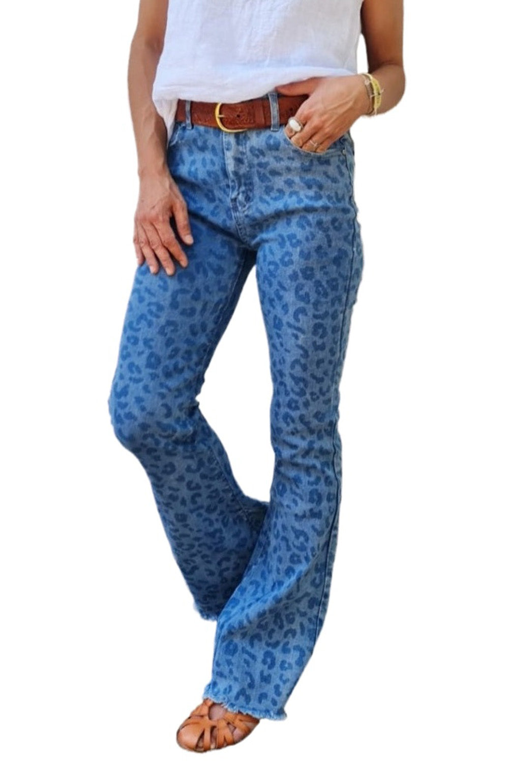Sky Blue Leopard Print Raw Hem High Waist Flare Jeans Greta Bean & Co.