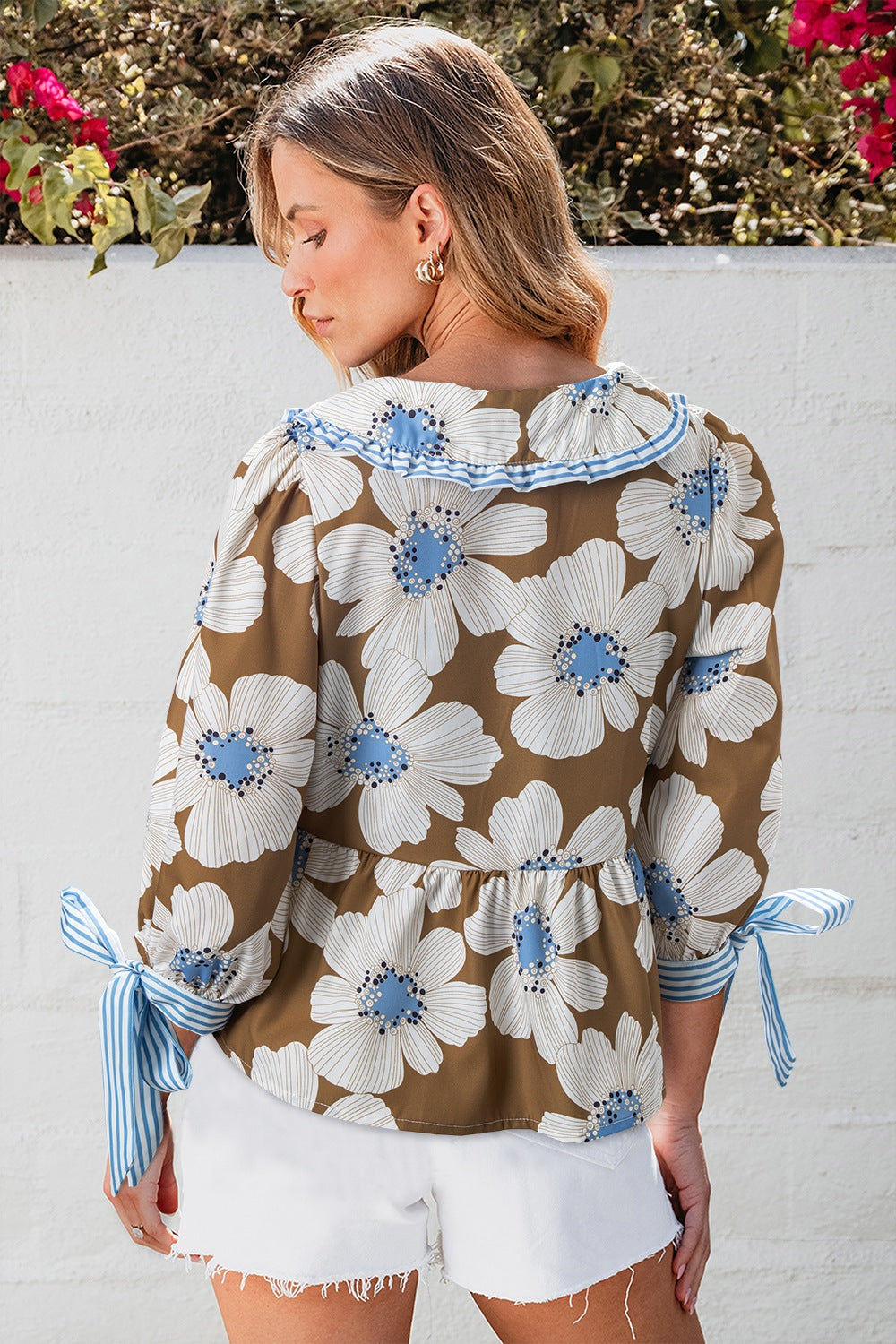 Floral & Striped Tie Sleeve Blouse Trendsi