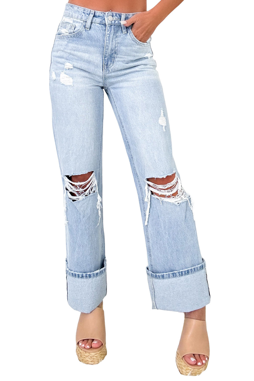 Beau Blue Light Wash Distressed Flare Jeans Greta Bean & Co.