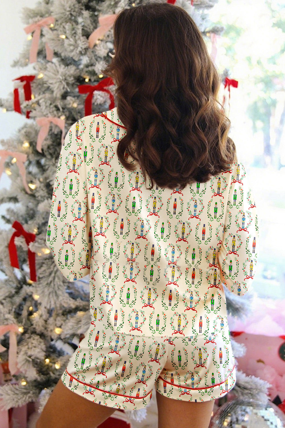 Beige Nutcracker Print Contrast Trim Tied up Bow Silky 2pcs Pajama Set Dear-Lover Dropshipping
