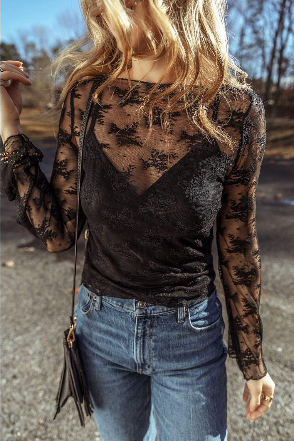 Black Mesh Crochet Splicing Slim Fit Long Sleeve Blouse - Greta Bean & Co.