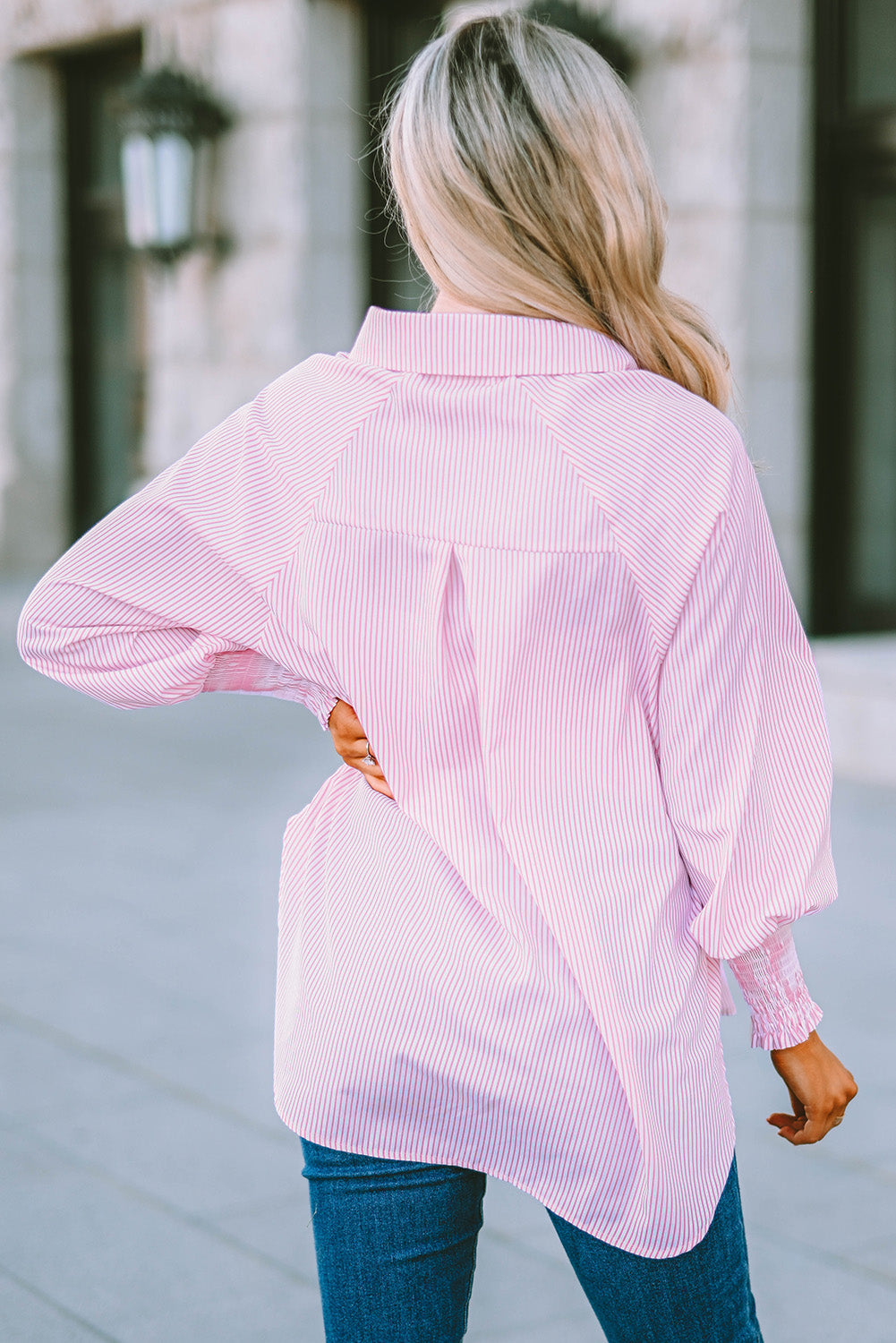 Pink Smocked Cuffed Striped Boyfriend Shirt with Pocket Greta Bean & Co.