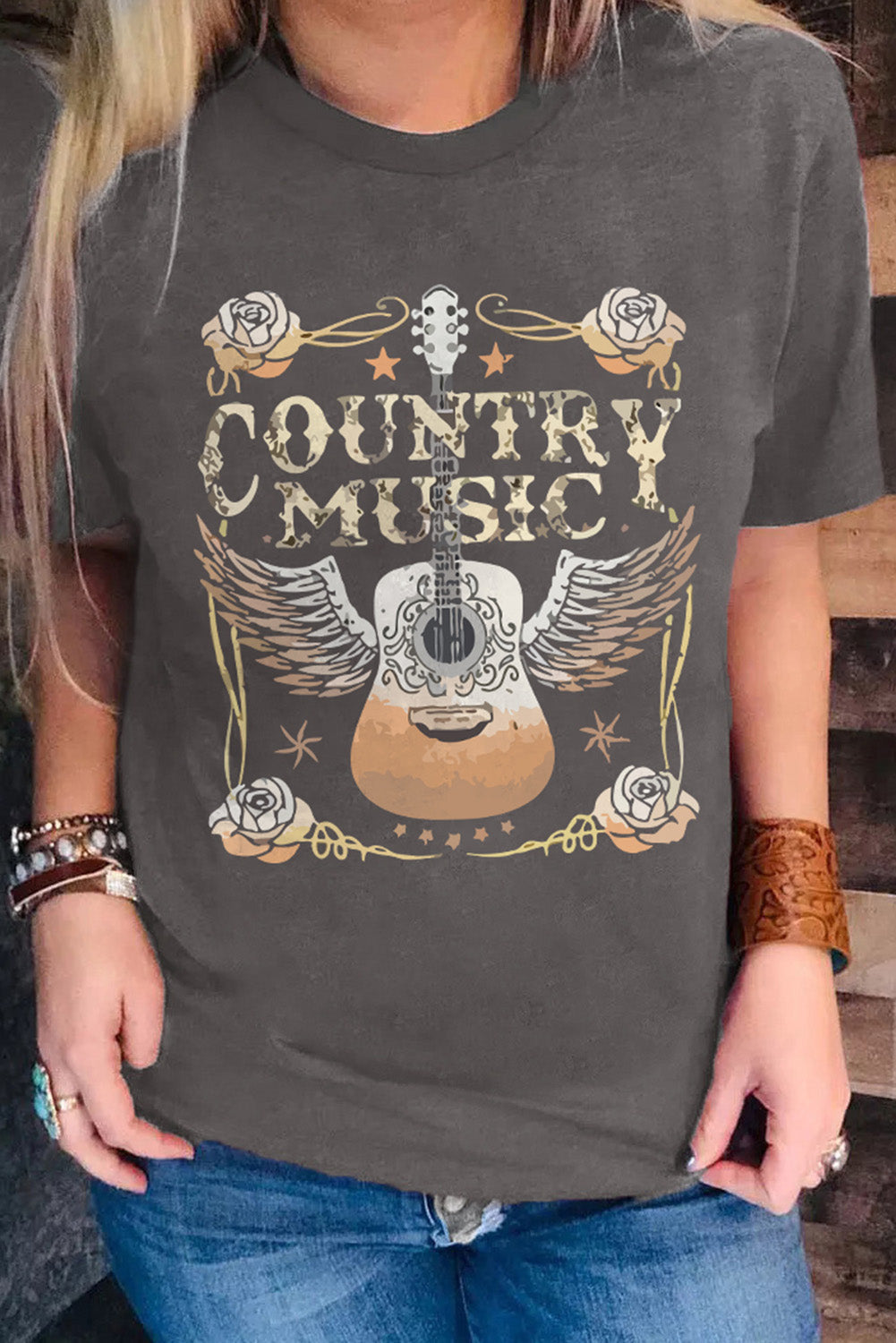 Gray COUNTRY MUSIC Guitar Graphic Print Crew Neck T Shirt Greta Bean & Co.
