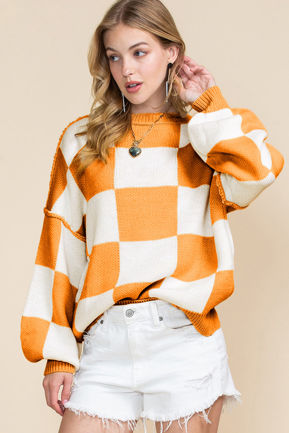 Orange & White Plaid Exposed Seam Bishop Sleeve Sweater - Greta Bean & Co.
