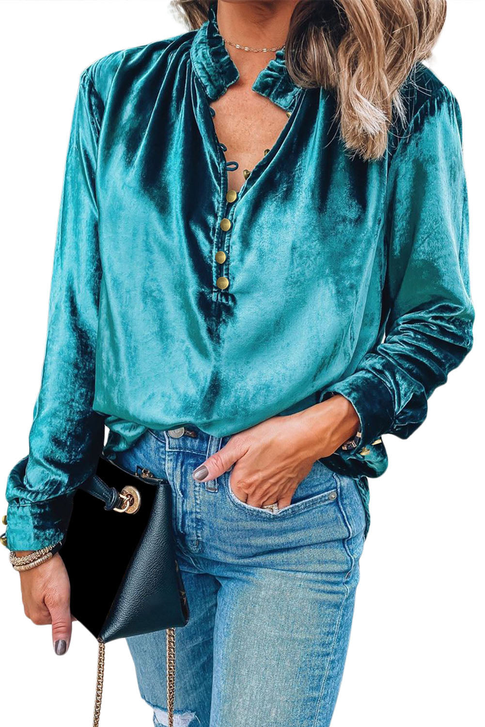 Green Frilled Neck Buttoned Front Velvet Top Shewin