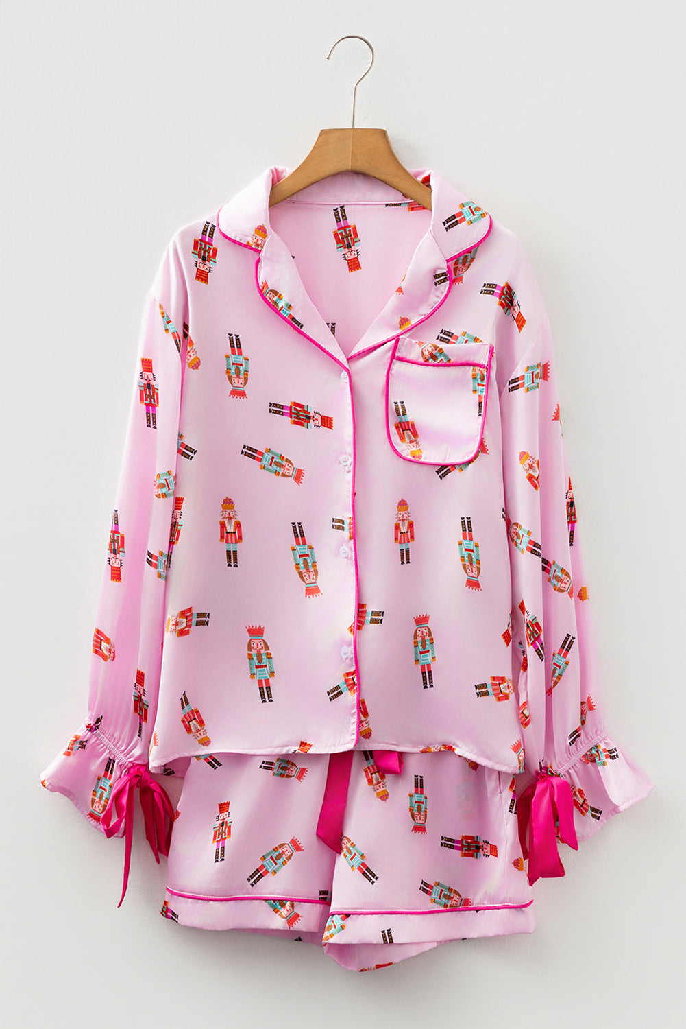 Beige Nutcracker Print Contrast Trim Tied up Bow Silky 2pcs Pajama Set Dear-Lover Dropshipping