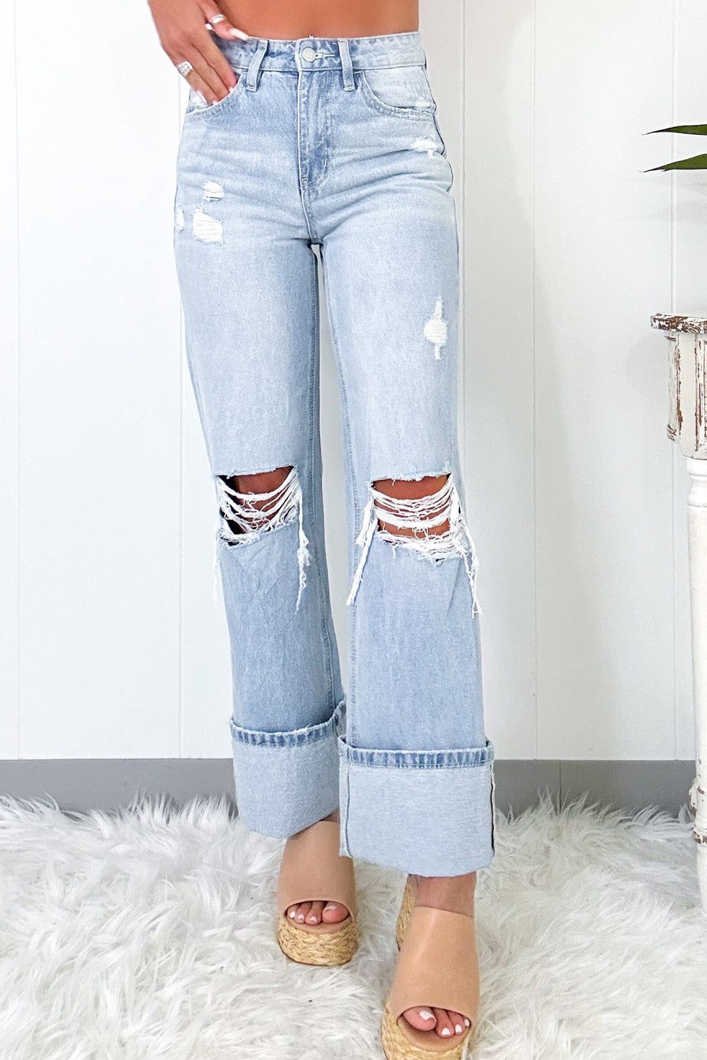 Beau Blue Light Wash Distressed Flare Jeans Greta Bean & Co.