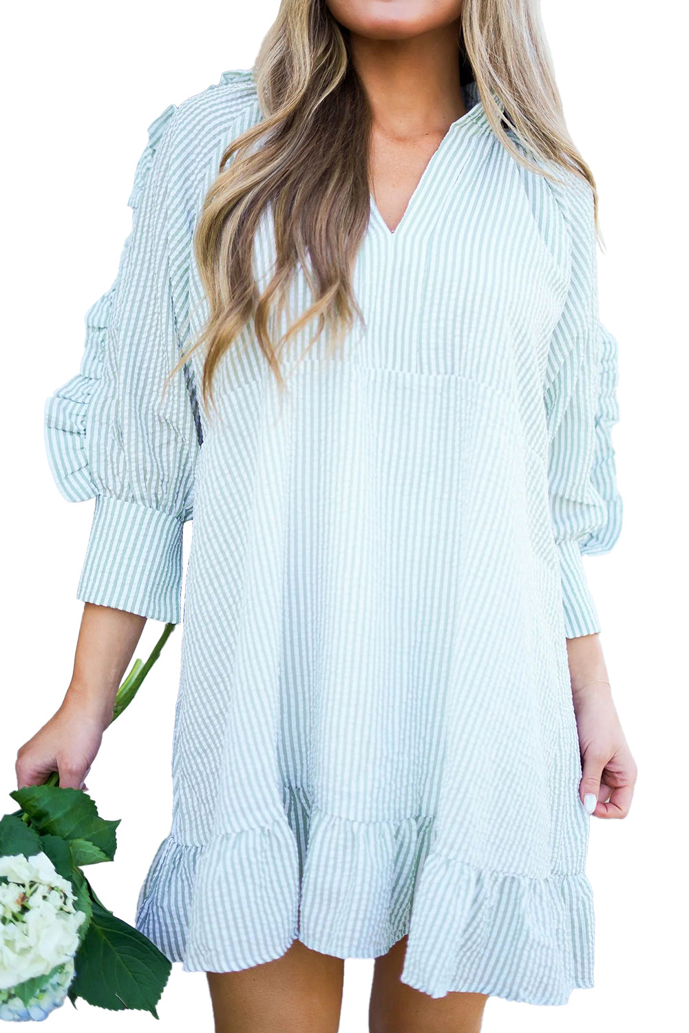 Myosotis Seersucker Striped V-Neck Ruffle Dress Greta Bean & Co.
