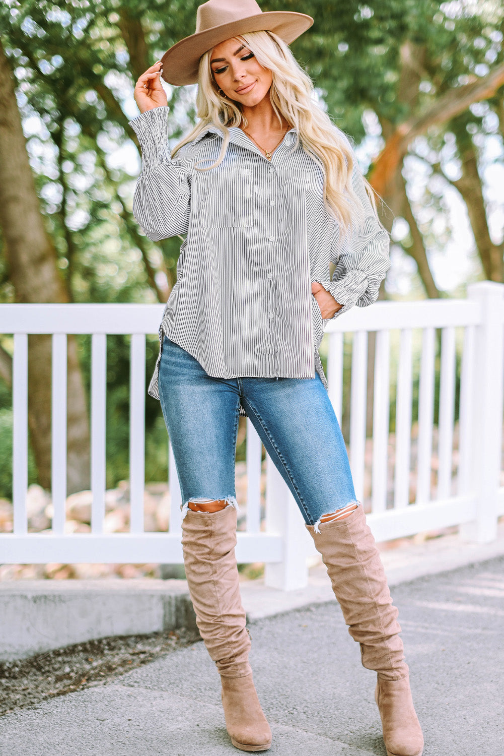 Black Striped Casual Shirred Cuffs Shirt Greta Bean & Co.