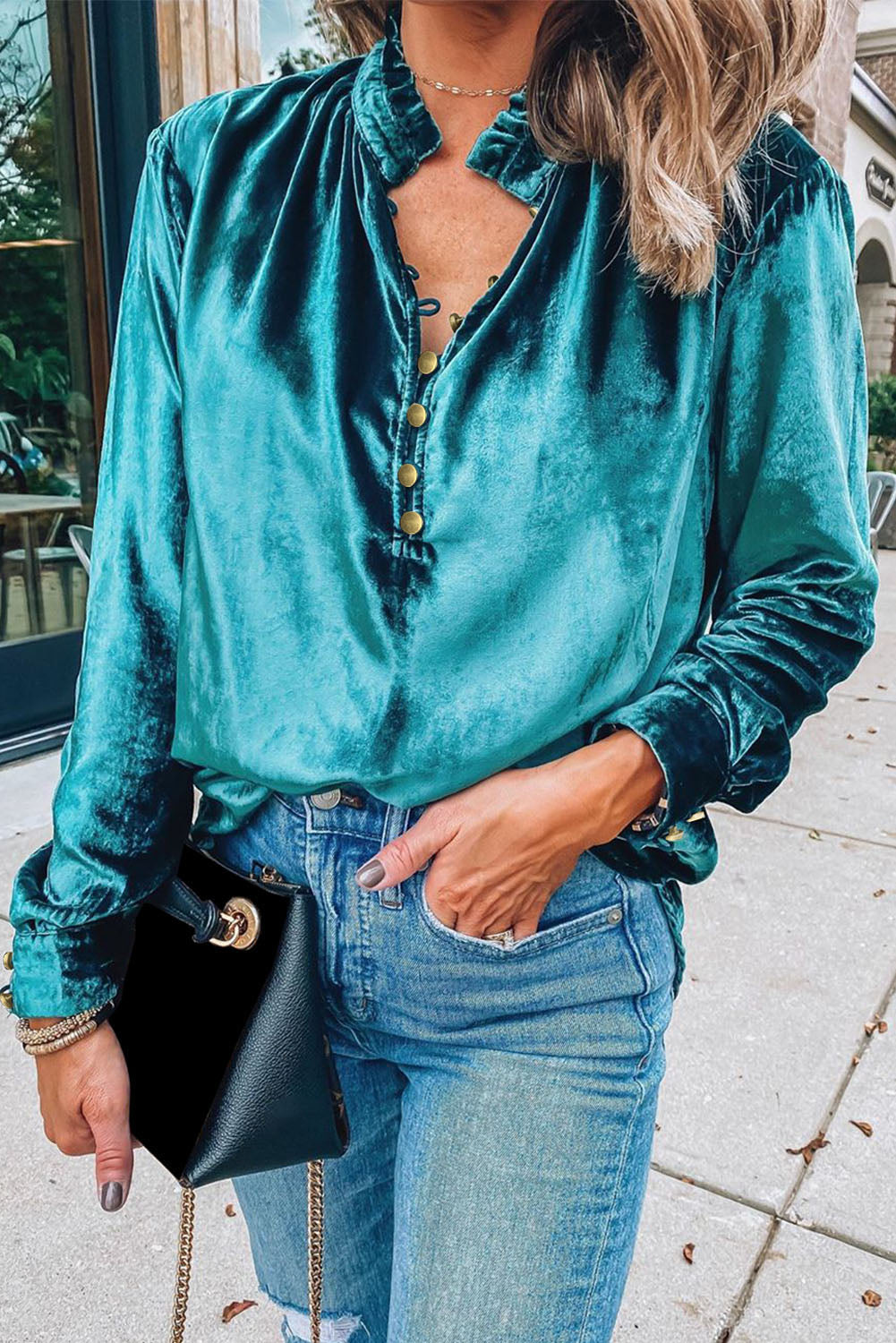 Green Frilled Neck Buttoned Front Velvet Top Shewin