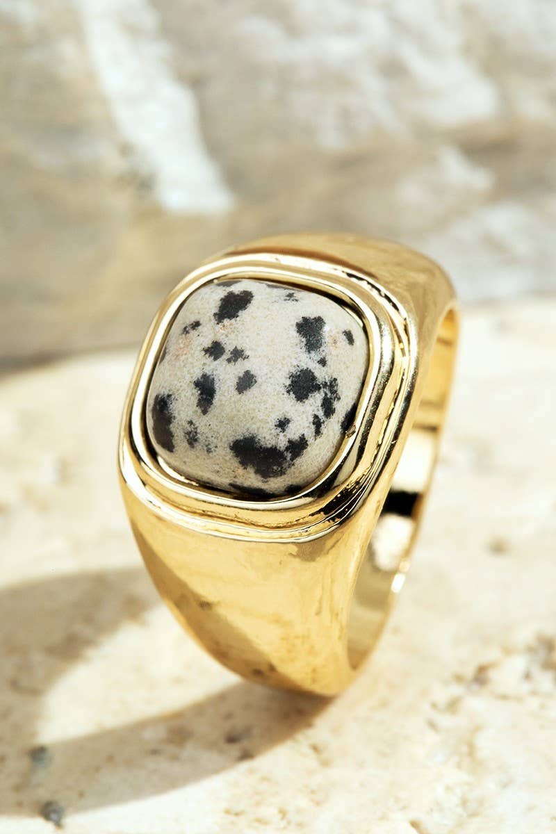 Natural Stone Round Square Ring: Dalmatian(Gddal) / OS - Greta Bean & Co.