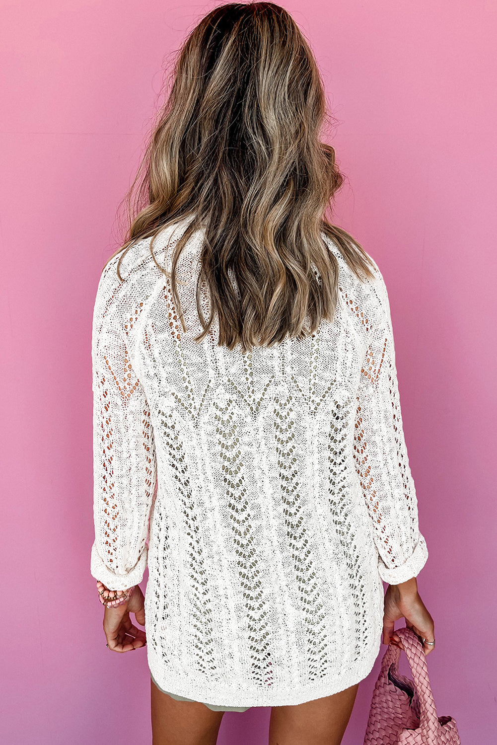 White Solid Color Hollow Knit Open Front Cardigan - Greta Bean & Co.