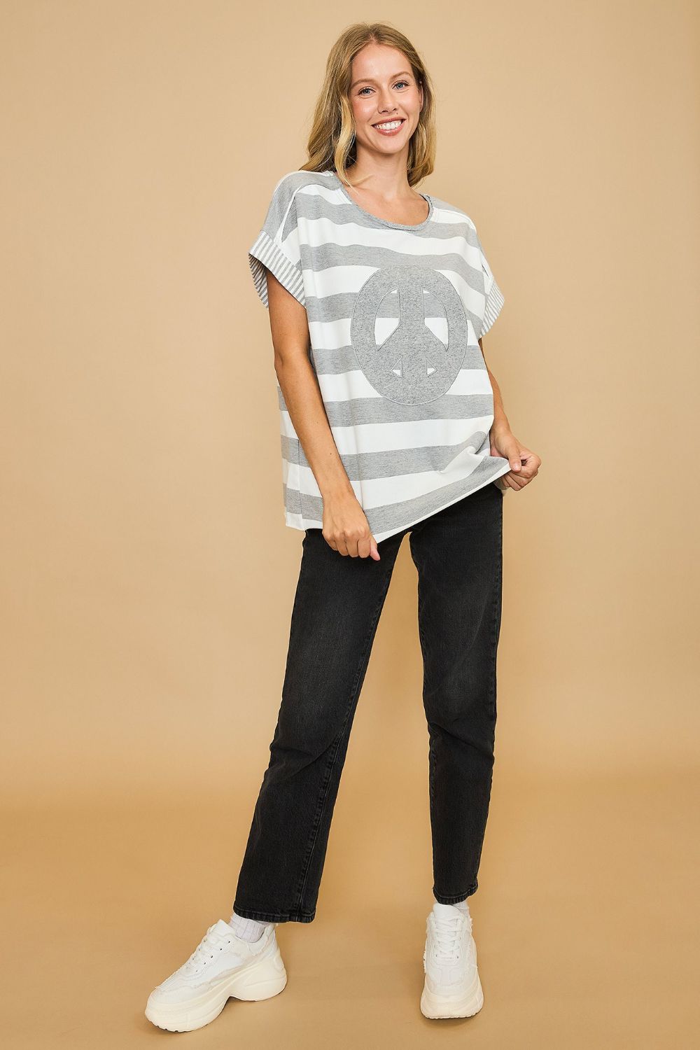 Umgee Peace Sign Patch Striped French Terry T-Shirt Trendsi