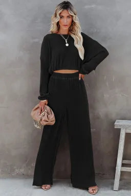 Black Cropped Pullover and Wide Leg Pants Set Greta Bean & Co.