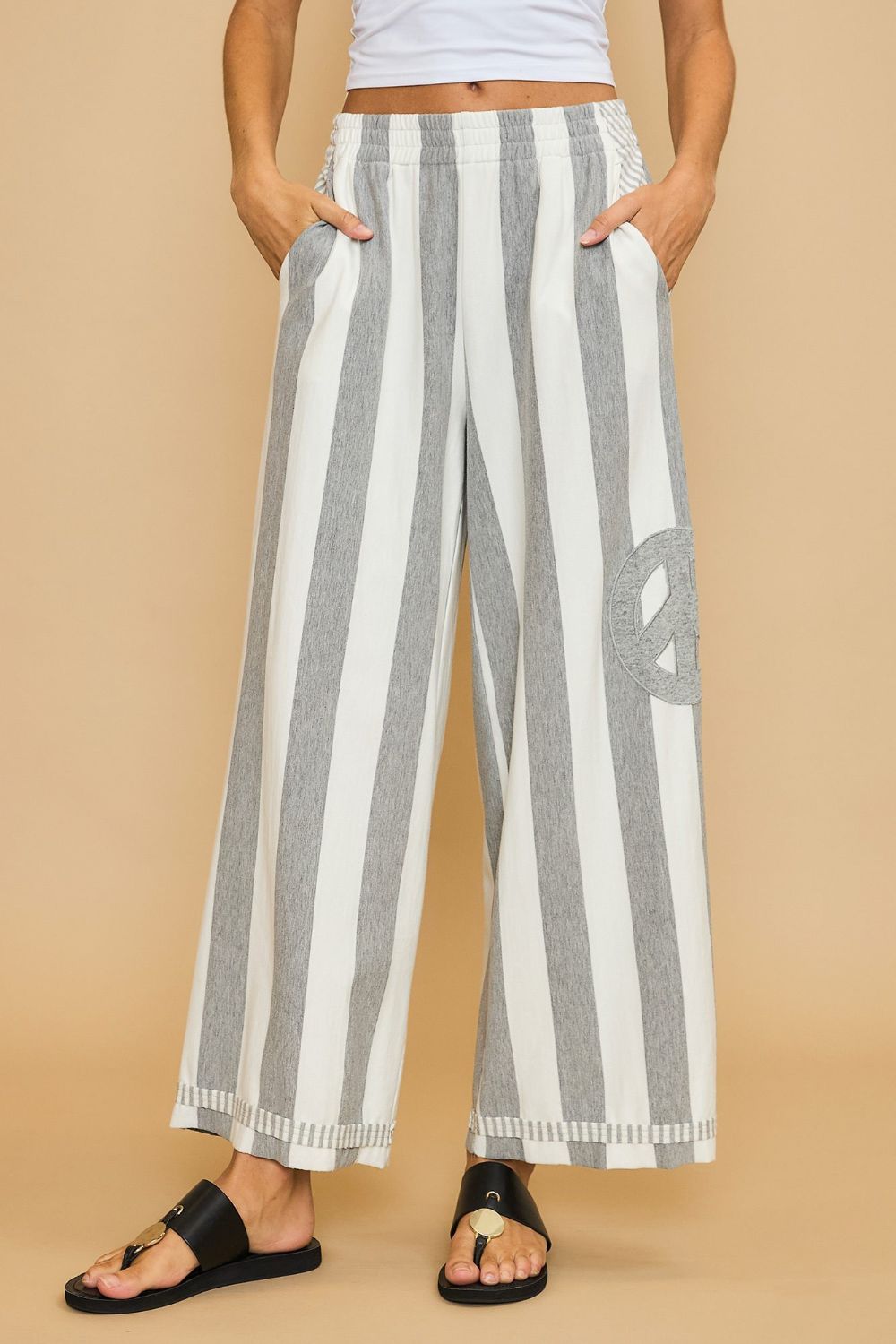 Umgee Peace Sign Patch Striped Wide Leg Pants Trendsi