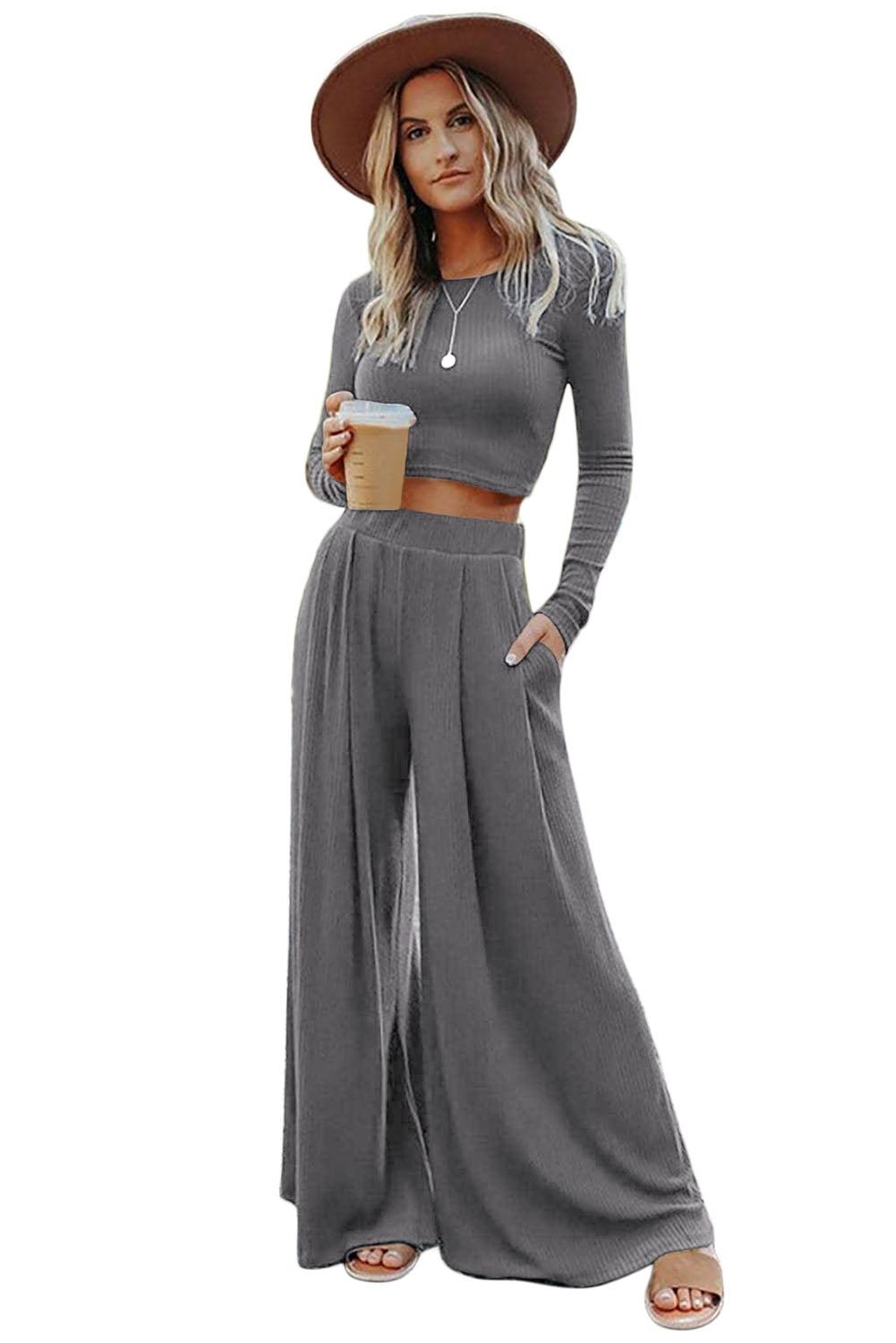 Gray Solid Color Ribbed Crop Top Long Pants Set - Greta Bean & Co.