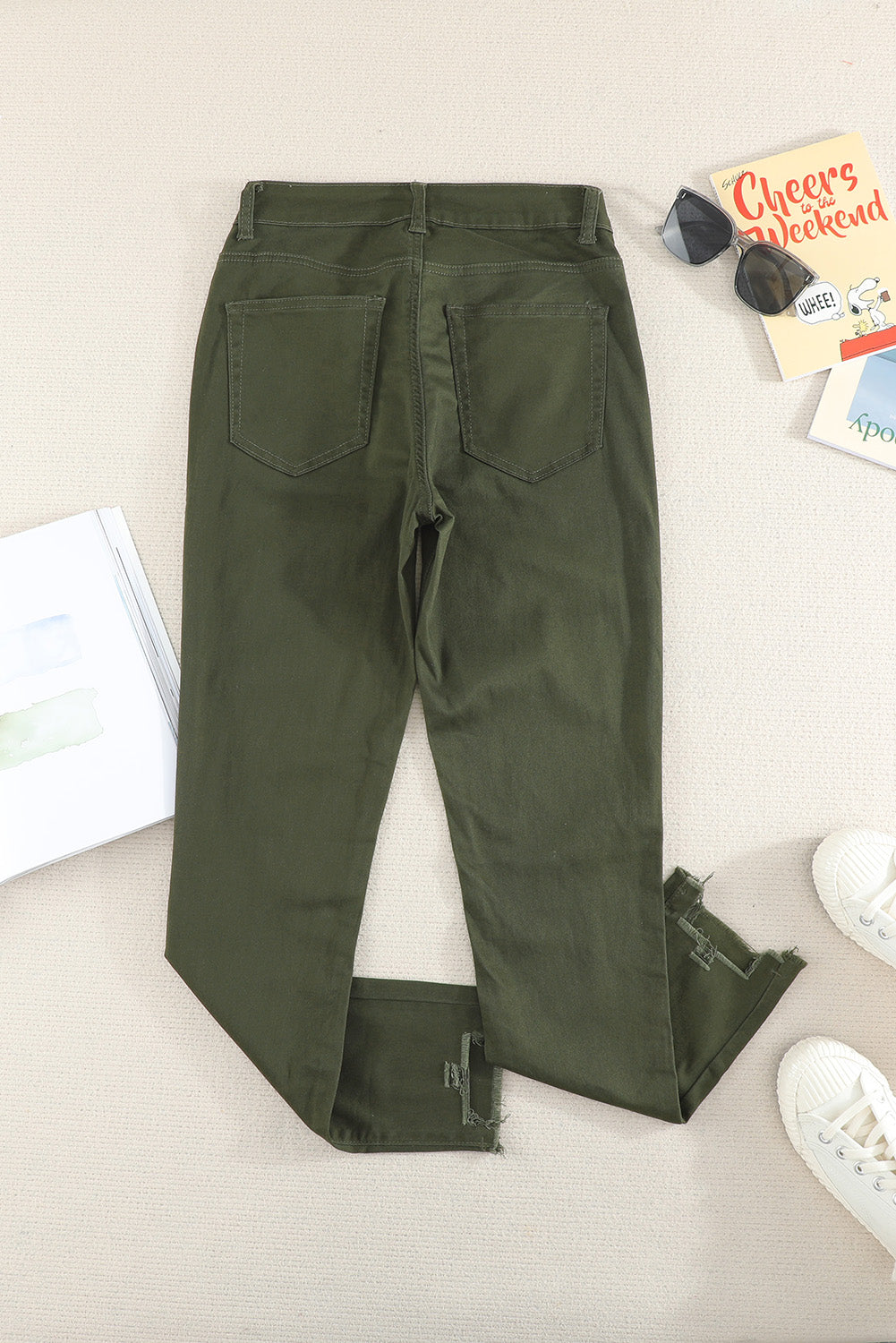 Green Plain High Waist Buttons Frayed Cropped Denim Jeans Greta Bean & Co.