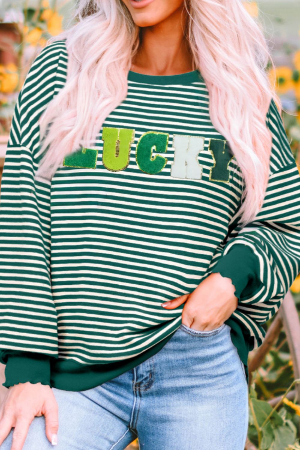 LUCKY Striped Round Neck Long Sleeve Sweatshirt Trendsi