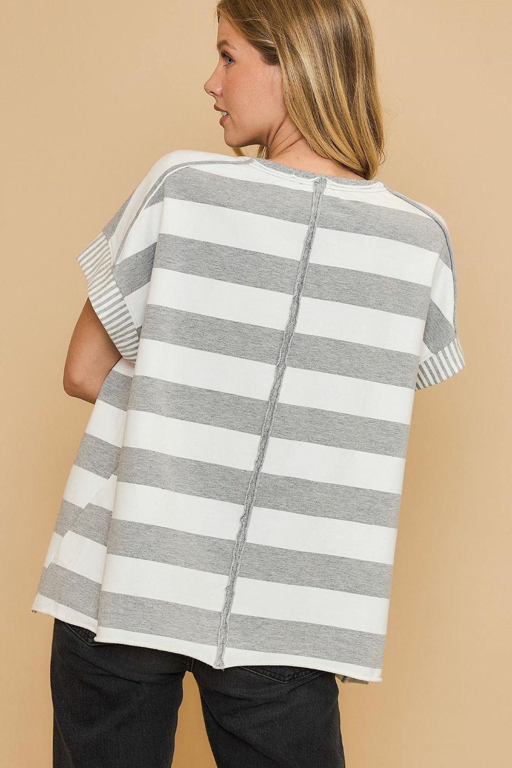 Umgee Peace Sign Patch Striped French Terry T-Shirt Trendsi