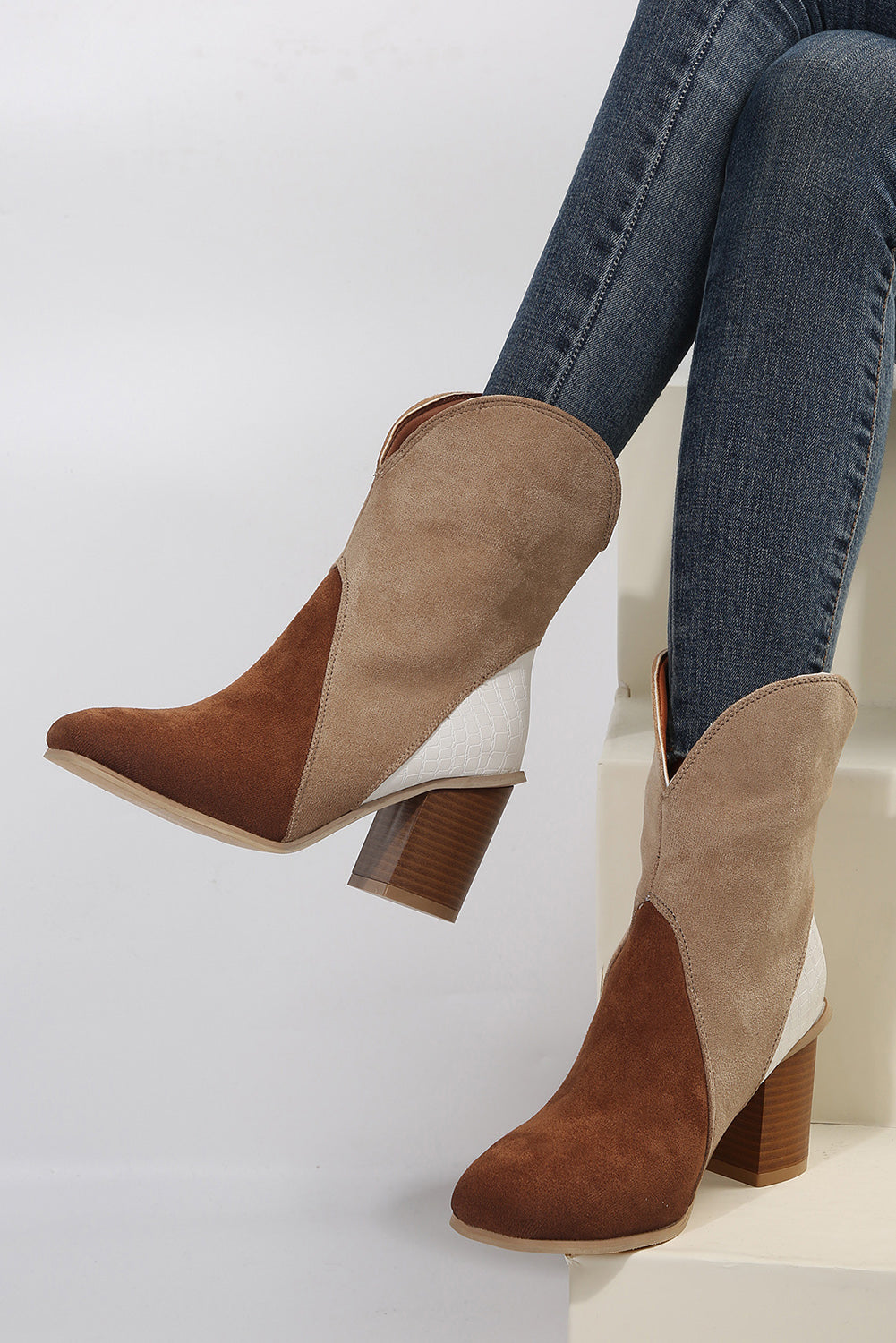 Chestnut Colorblock Suede Heeled Ankle Booties Greta Bean & Co.