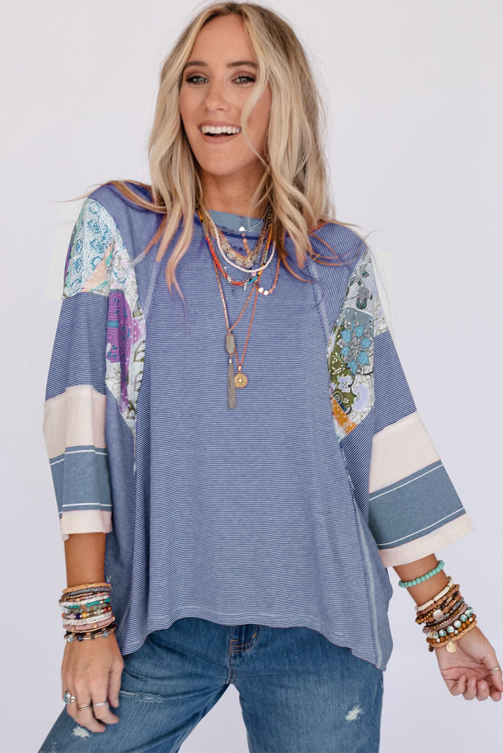Striped Floral Patchwork Round Neck Top Trendsi