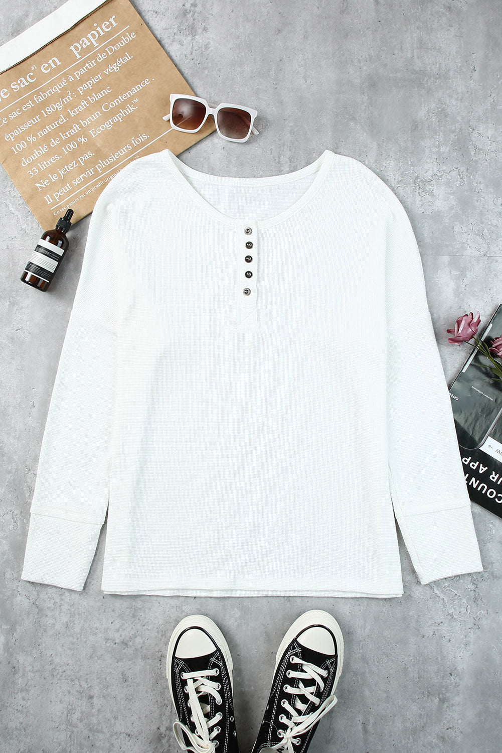 White Waffle Knit Henley Top - Greta Bean & Co.