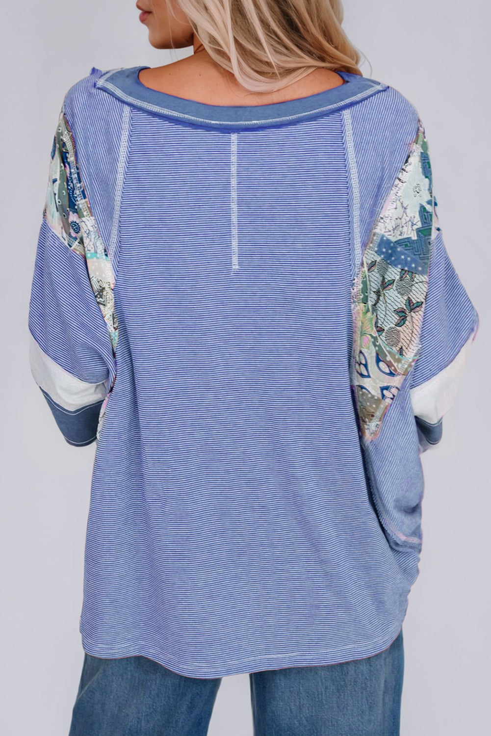 Striped Floral Patchwork Round Neck Top Trendsi