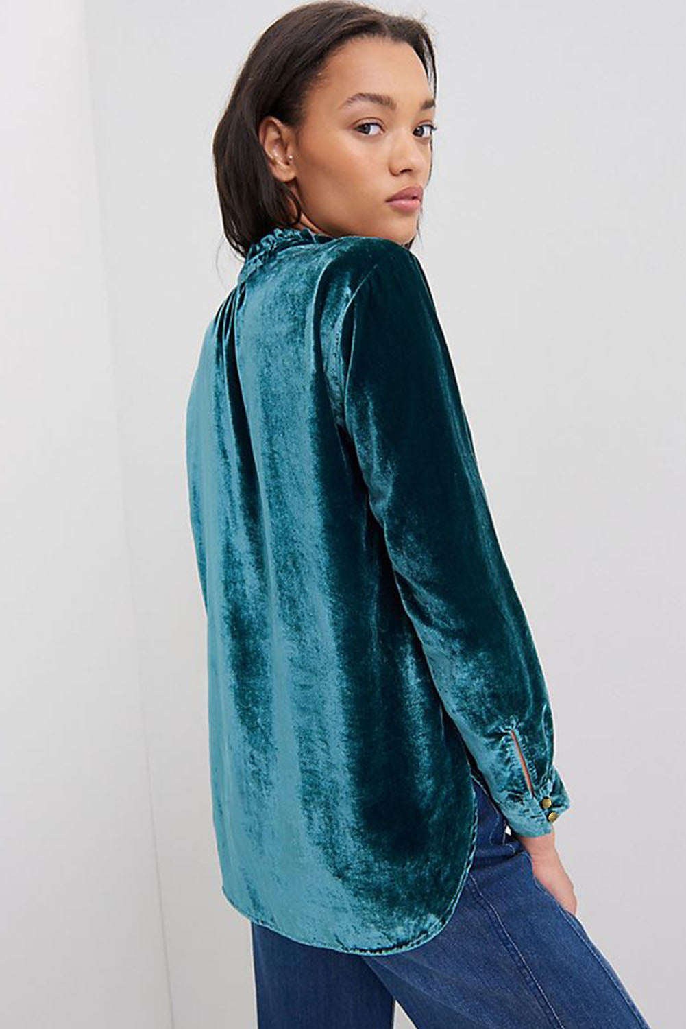 Green Frilled Neck Buttoned Front Velvet Top Shewin