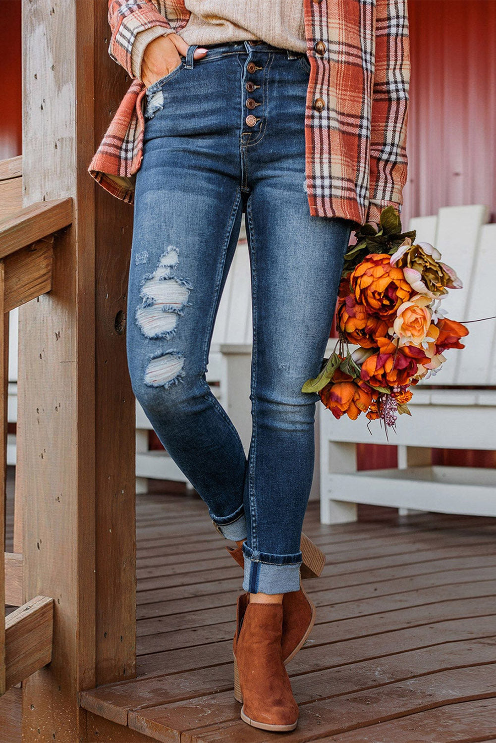 Blue Distressed Button Fly High Waist Skinny Jeans Greta Bean & Co.