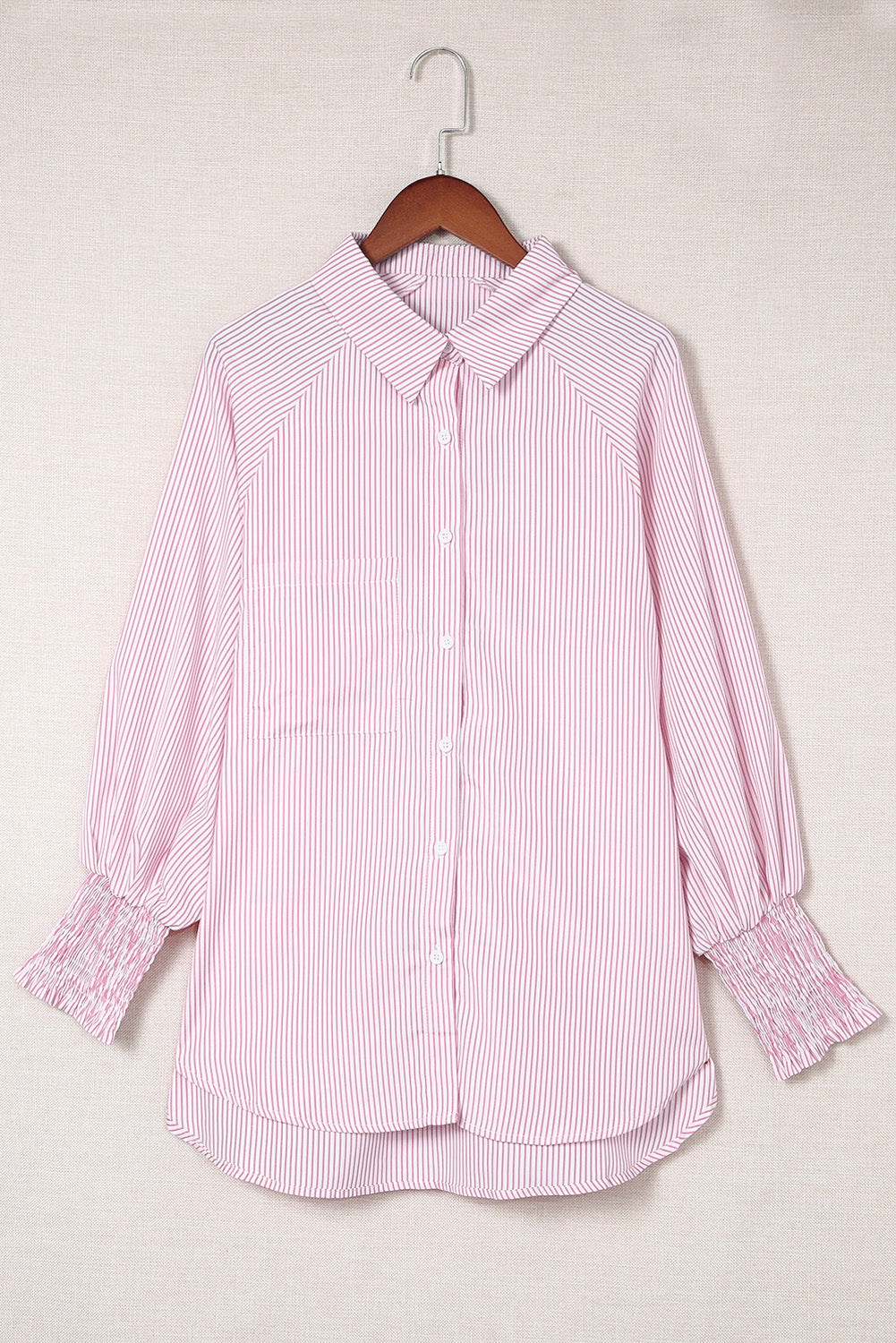Pink Smocked Cuffed Striped Boyfriend Shirt with Pocket Greta Bean & Co.