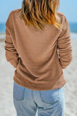 Khaki Waffle Knit Casual Drop Shoulder Long Sleeve Top Greta Bean & Co.