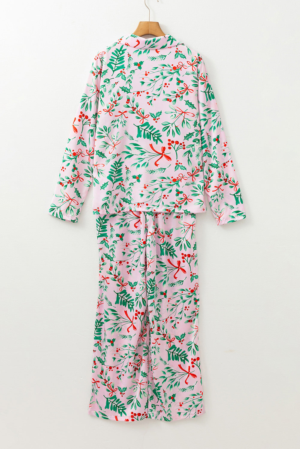 Pink Christmas Berries Plant Print Satin Long Sleeve Pajama Set Dear-Lover Dropshipping