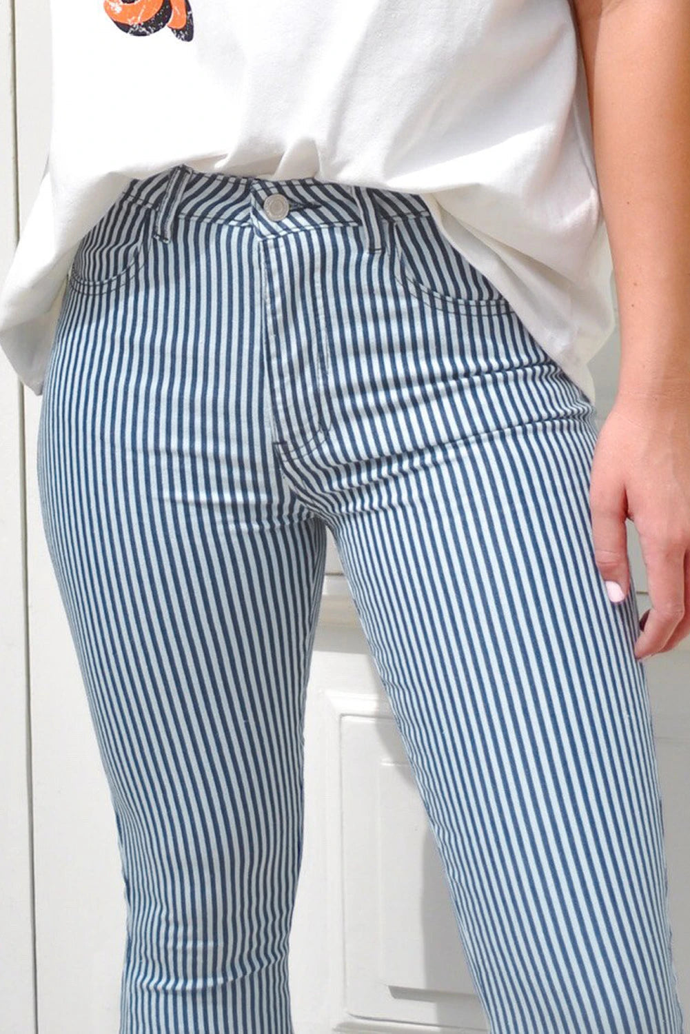 Blue & White Stripe Mid Waste Bellbottom Jeans Greta Bean & Co.