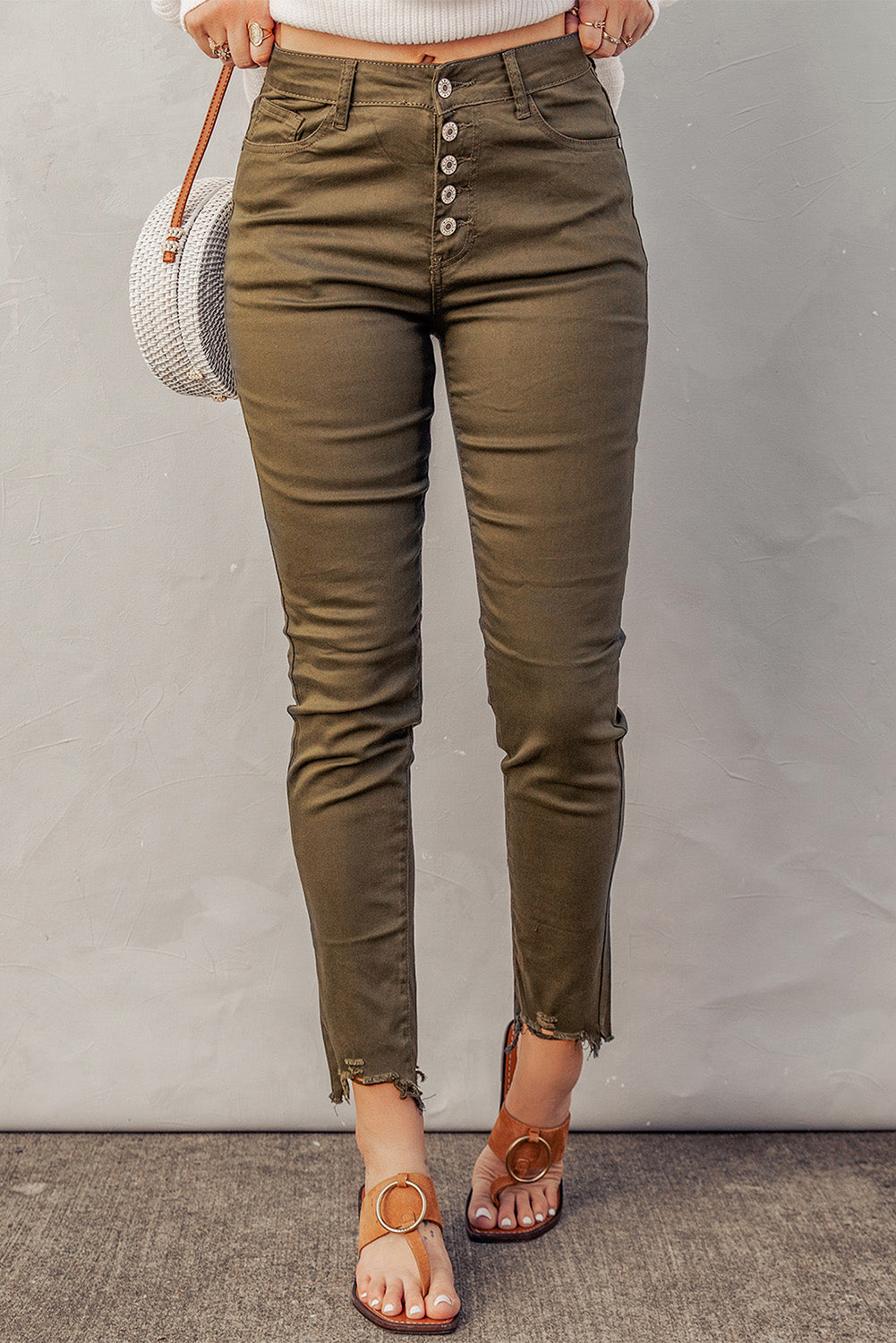 Green Plain High Waist Buttons Frayed Cropped Denim Jeans Greta Bean & Co.