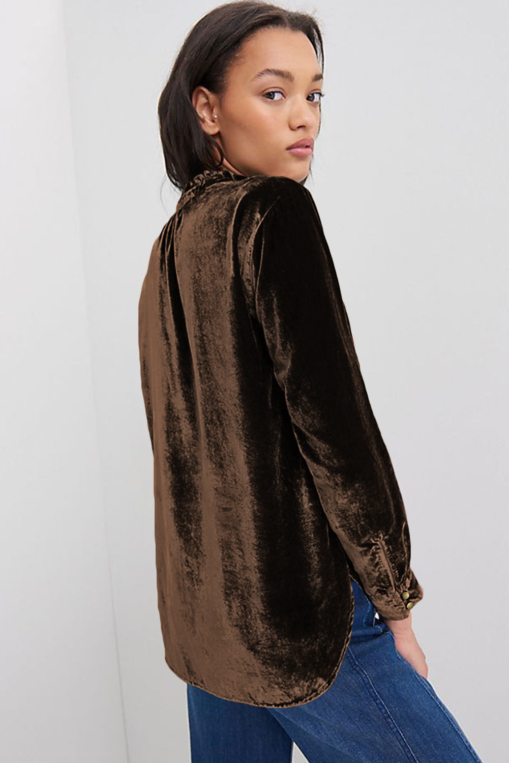 Desert Palm Frilled Neck Buttoned Front Velvet Top Shewin