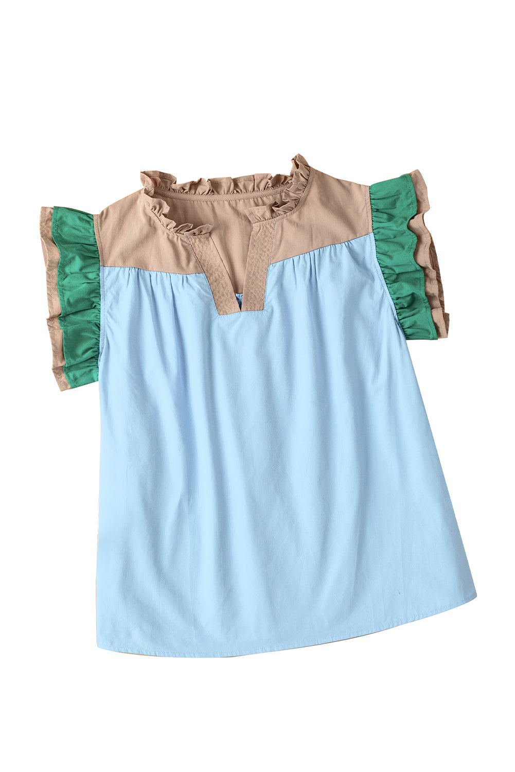 Mist Blue Colorblock Ruffled Sleeve Frill V Neck Blouse Greta Bean & Co.