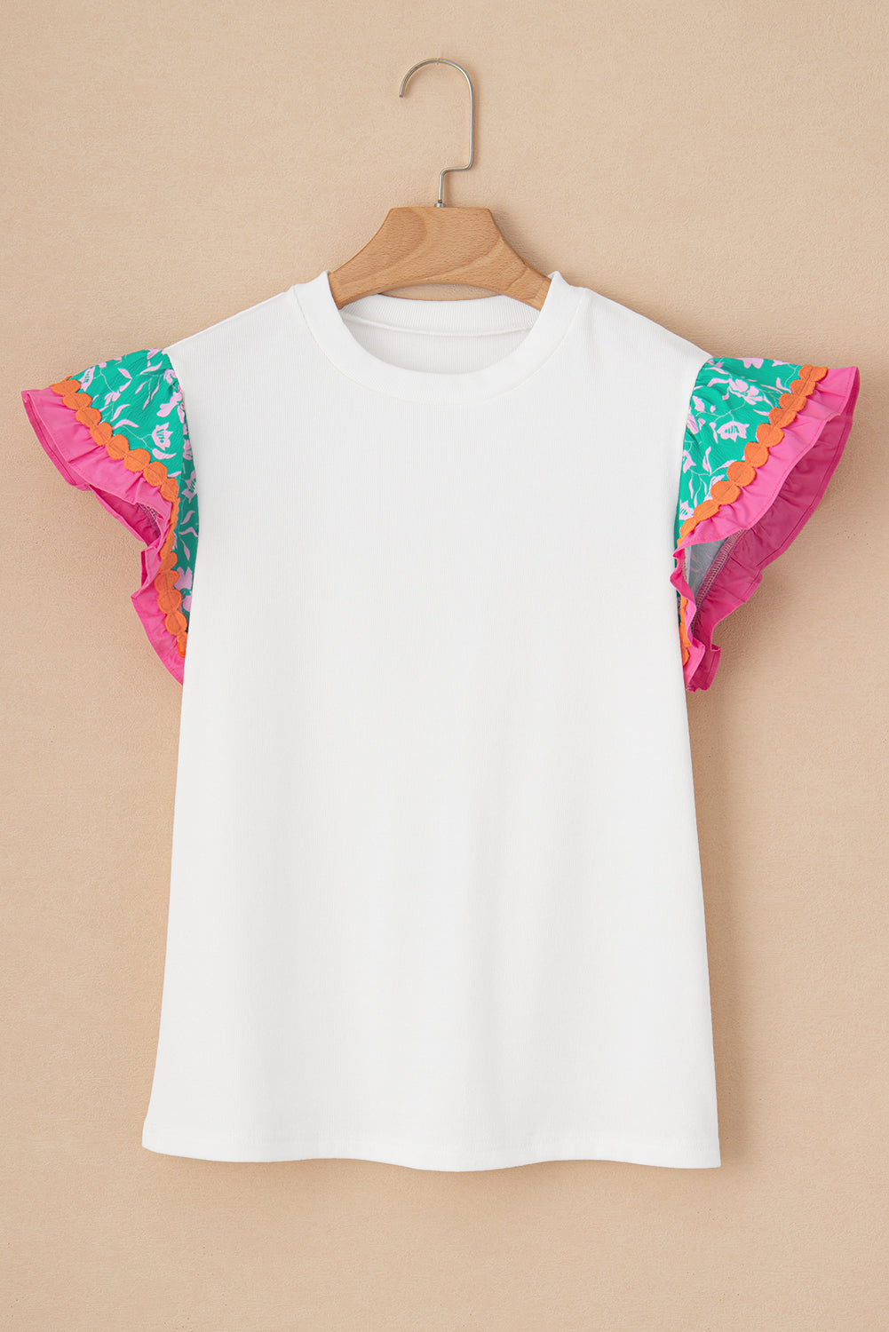 White Color Block Floral Print Ruffle Sleeve Blouse Greta Bean & Co.