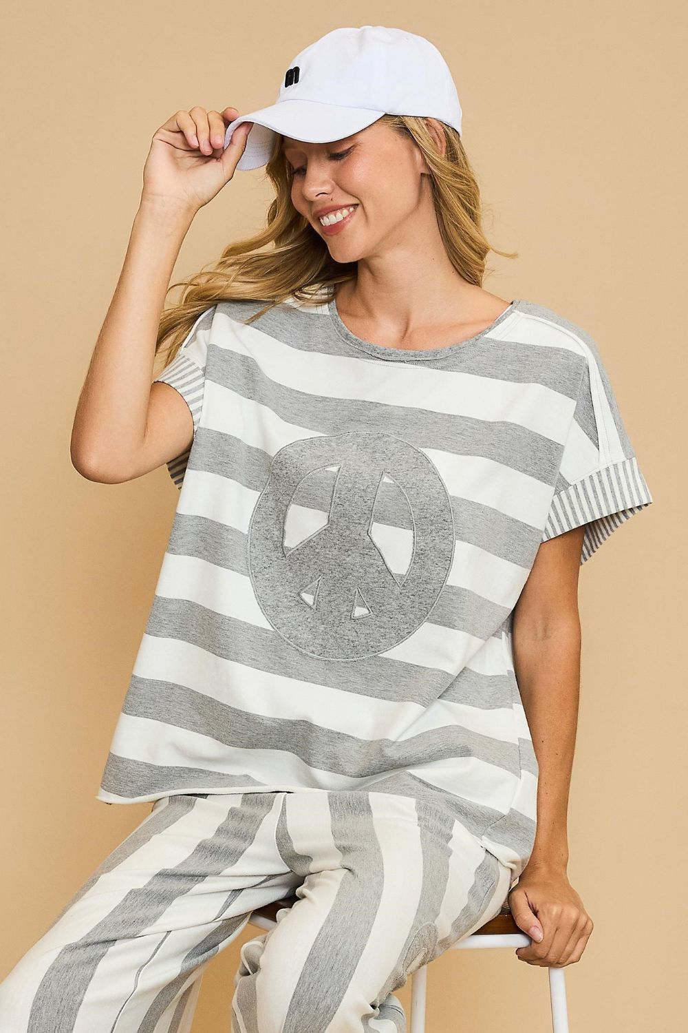 Umgee Peace Sign Patch Striped French Terry T-Shirt Trendsi