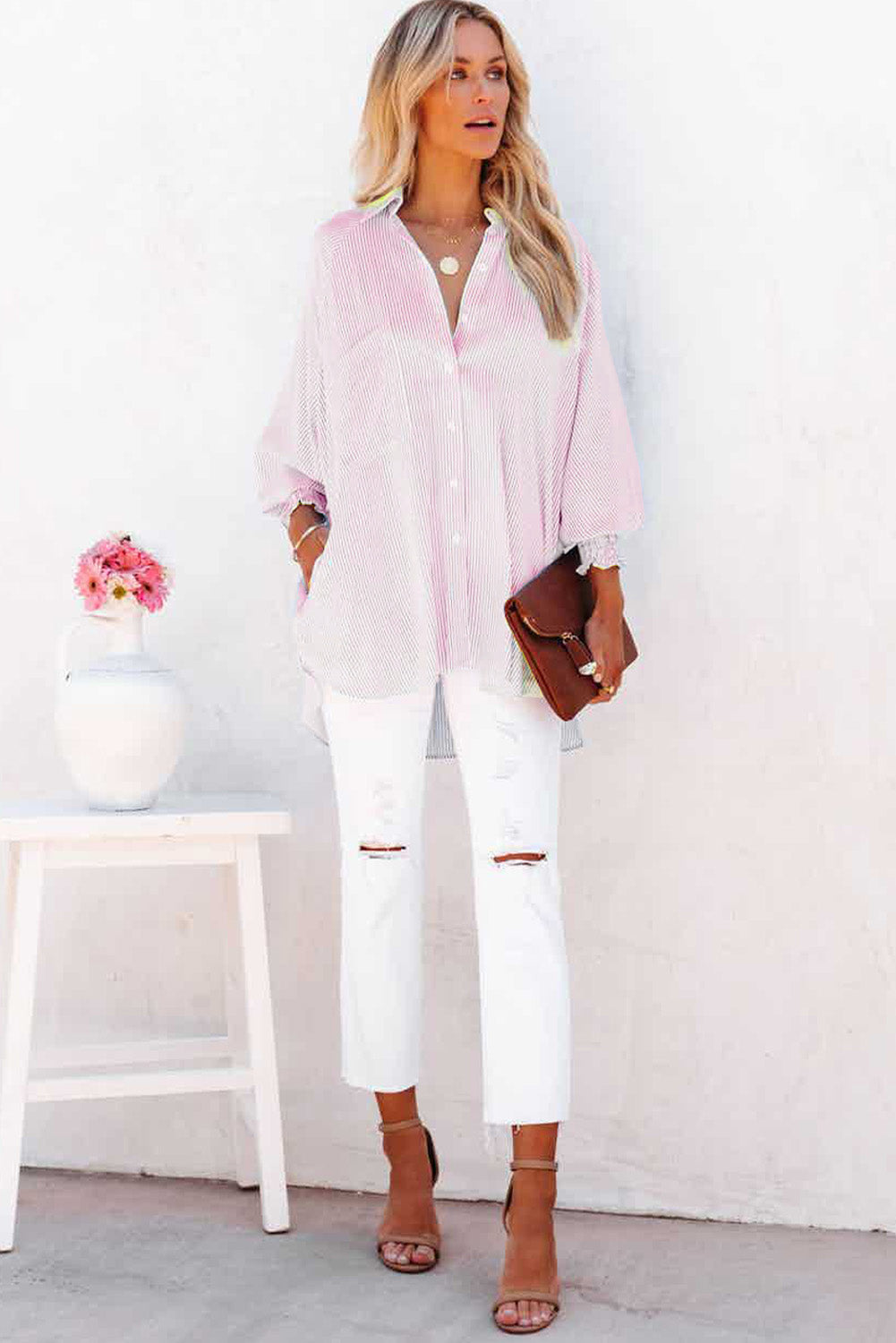 Pink Smocked Cuffed Striped Boyfriend Shirt with Pocket Greta Bean & Co.