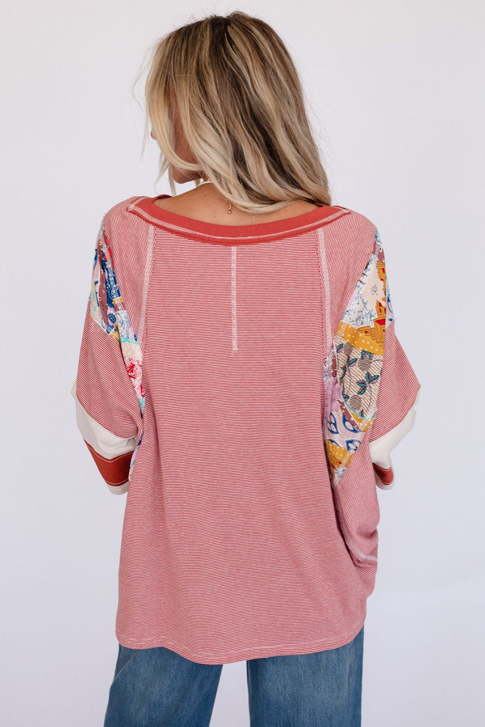 Striped Floral Patchwork Round Neck Top Trendsi