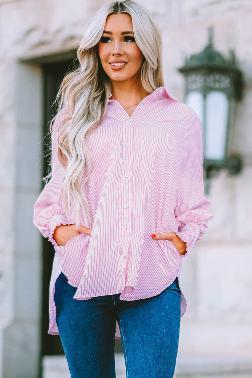 Pink Smocked Cuffed Striped Boyfriend Shirt with Pocket Greta Bean & Co.