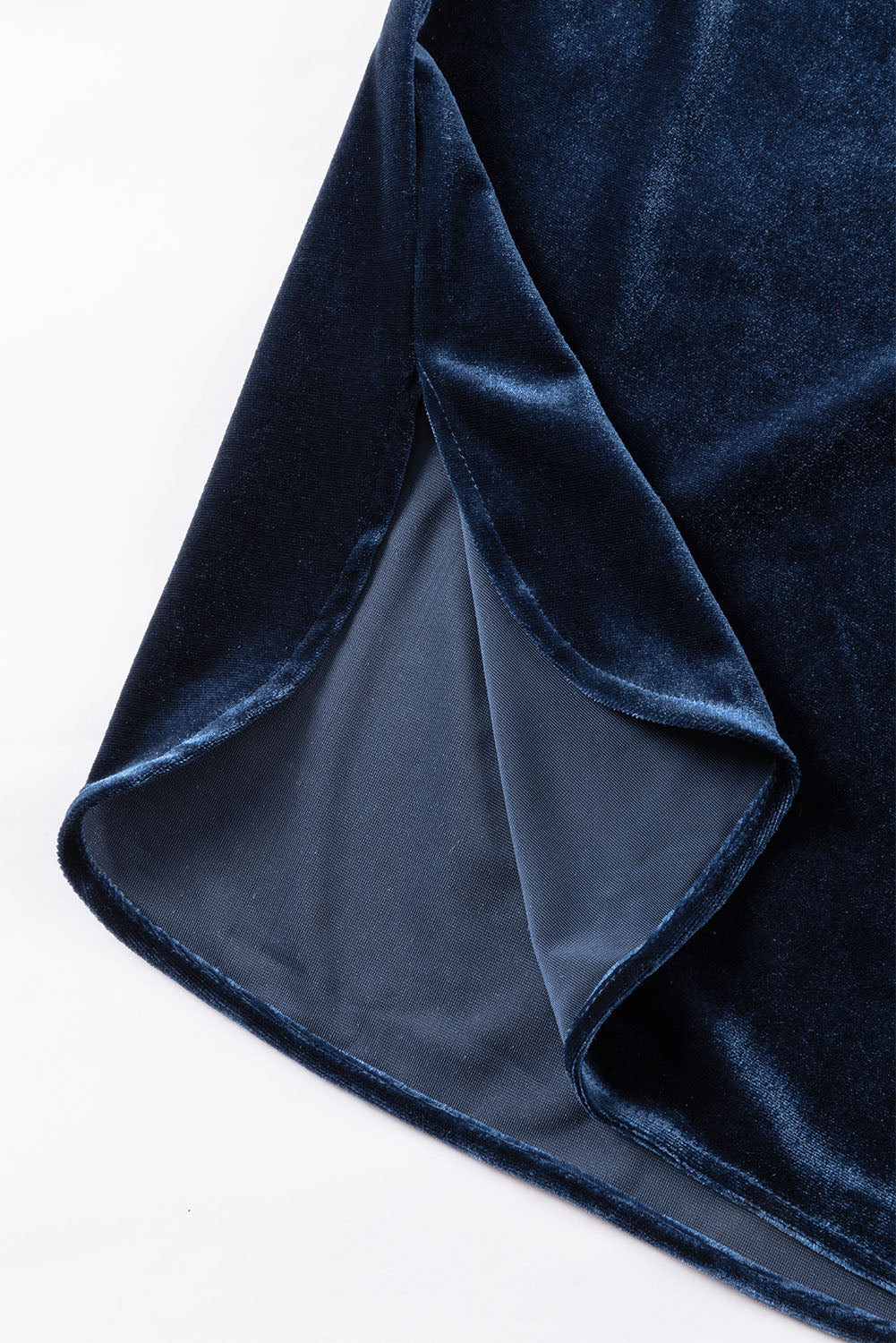 Navy Blue Frilled Buttoned V Neck Velvet Blouse Shewin