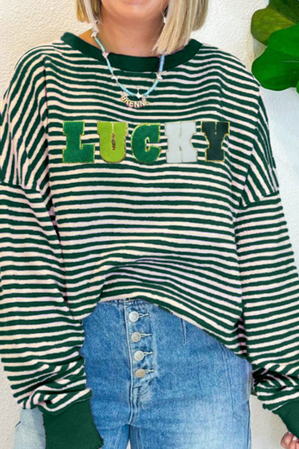 LUCKY Striped Round Neck Long Sleeve Sweatshirt Trendsi
