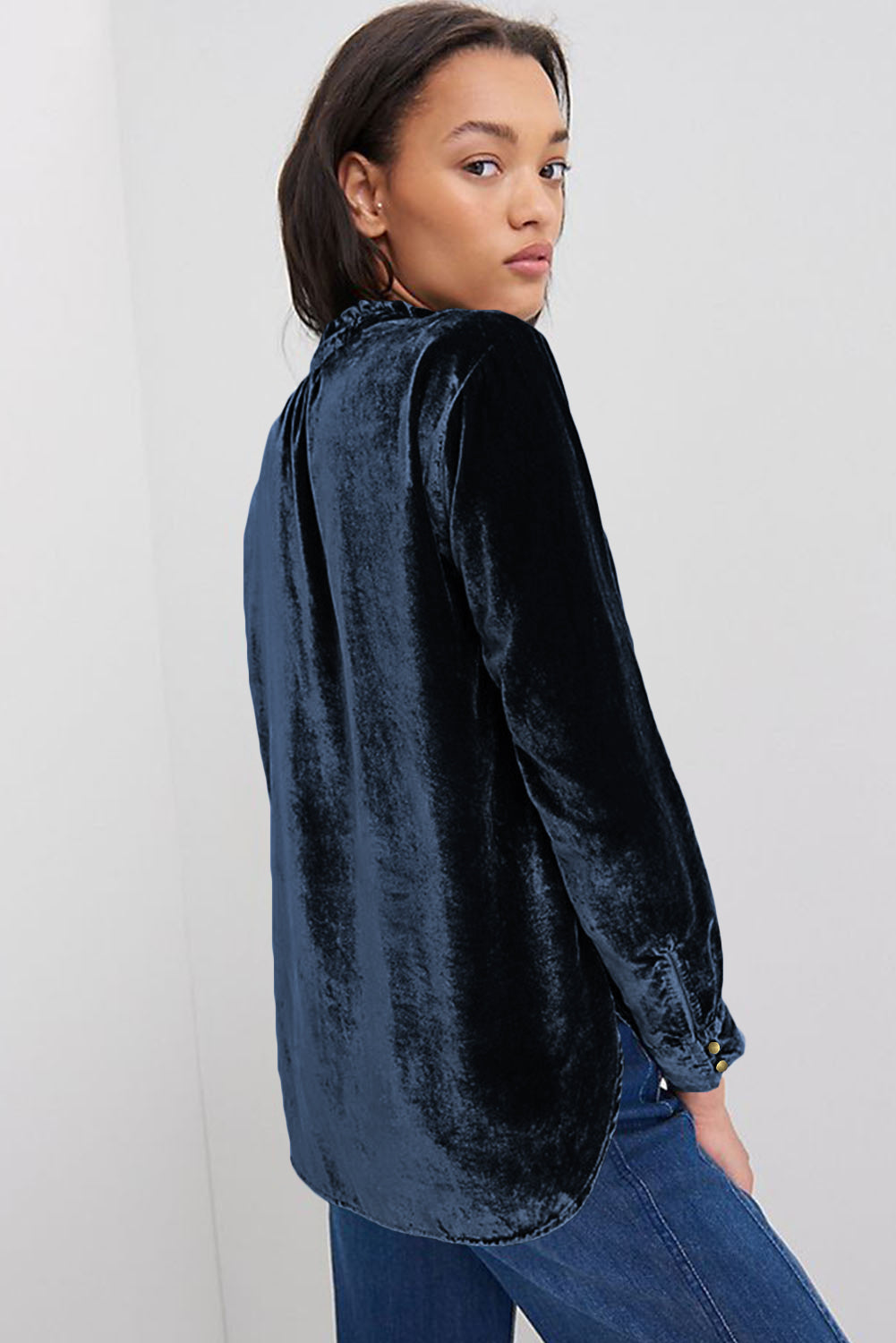 Navy Blue Frilled Buttoned V Neck Velvet Blouse Shewin