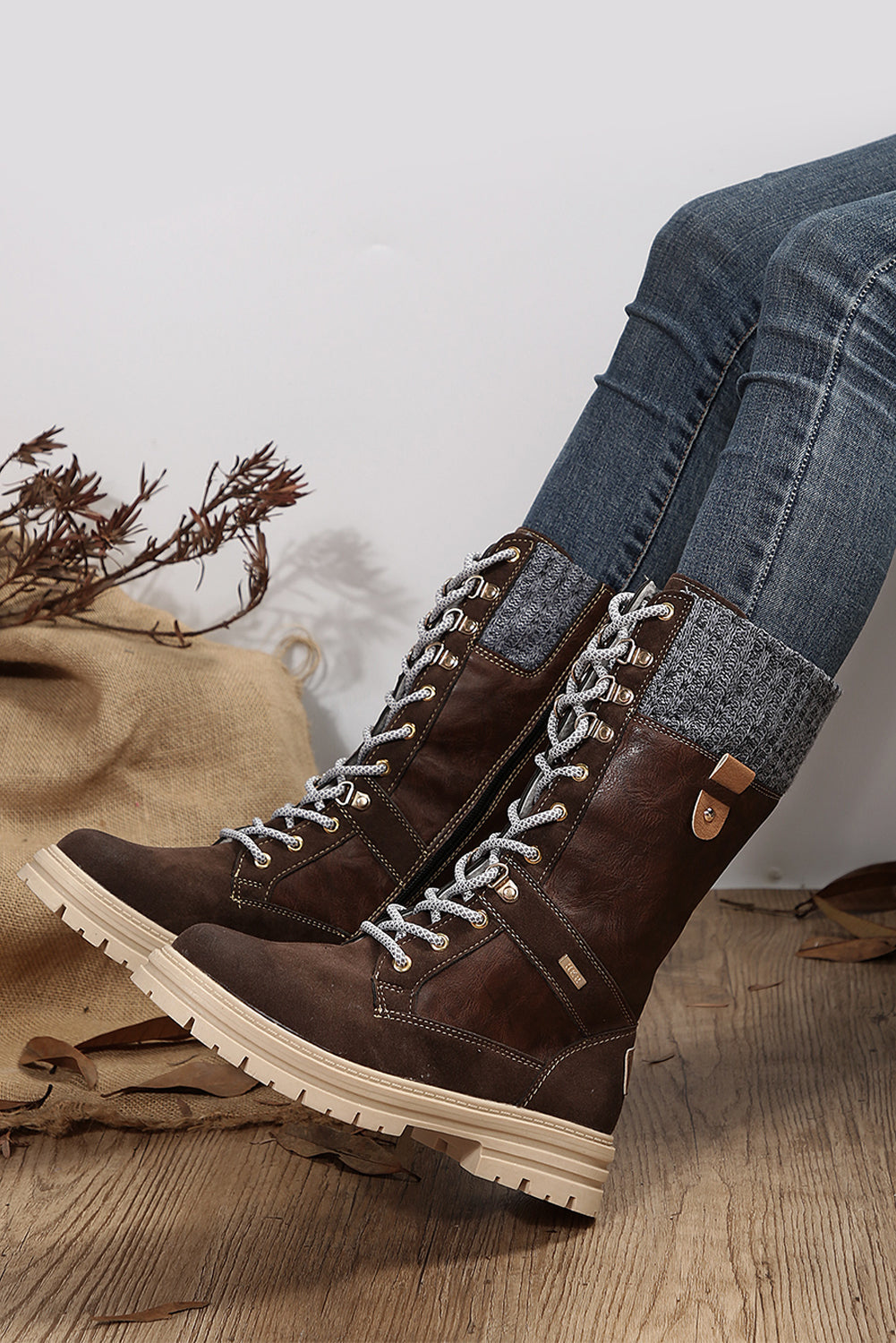 Coffee Wool Knit Patchwork Lace Up Leather Boots - Greta Bean & Co.