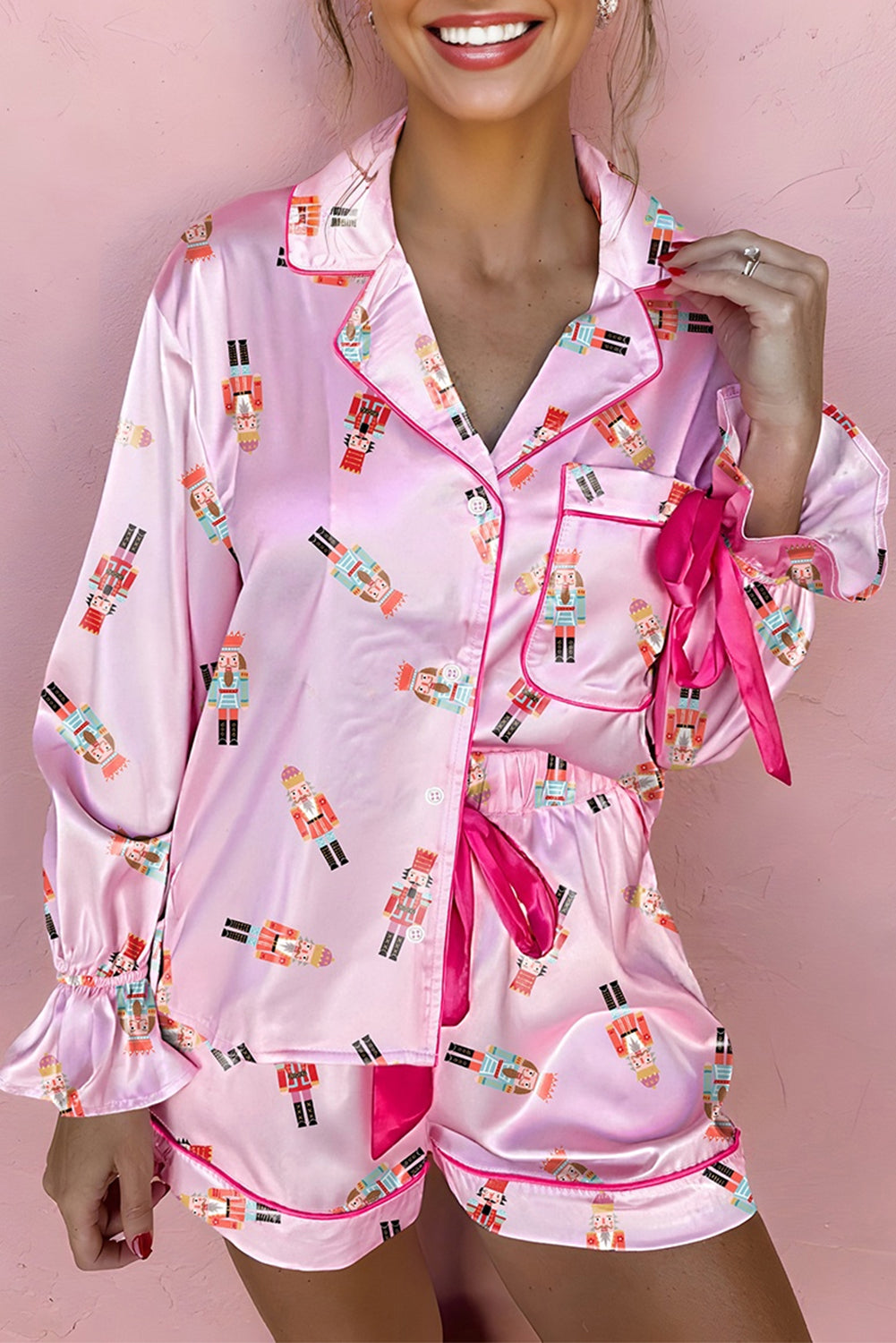 Beige Nutcracker Print Contrast Trim Tied up Bow Silky 2pcs Pajama Set Dear-Lover Dropshipping