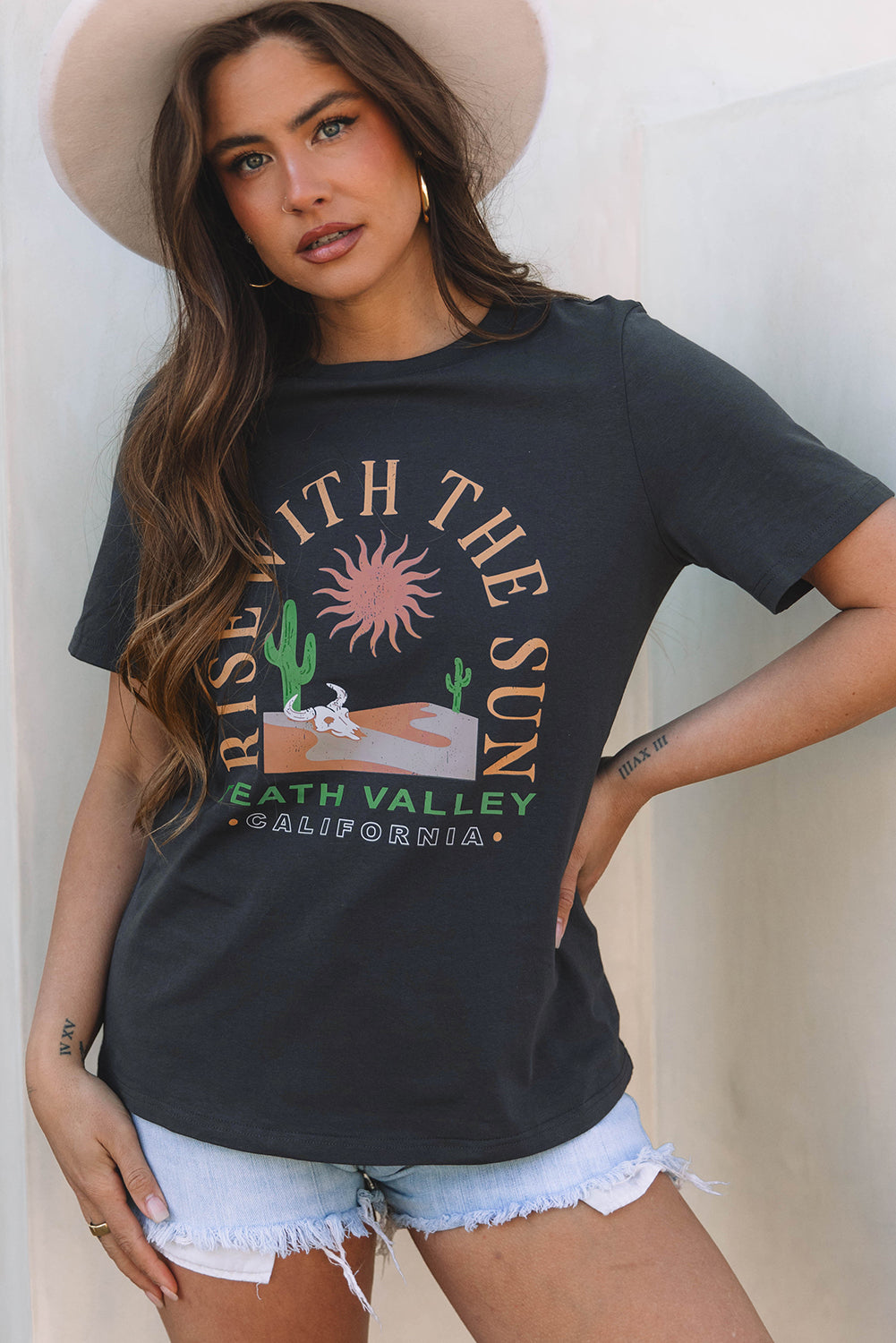 Dark Grey RISE WITH THE SUN Western Fashion Graphic Tee - Greta Bean & Co.