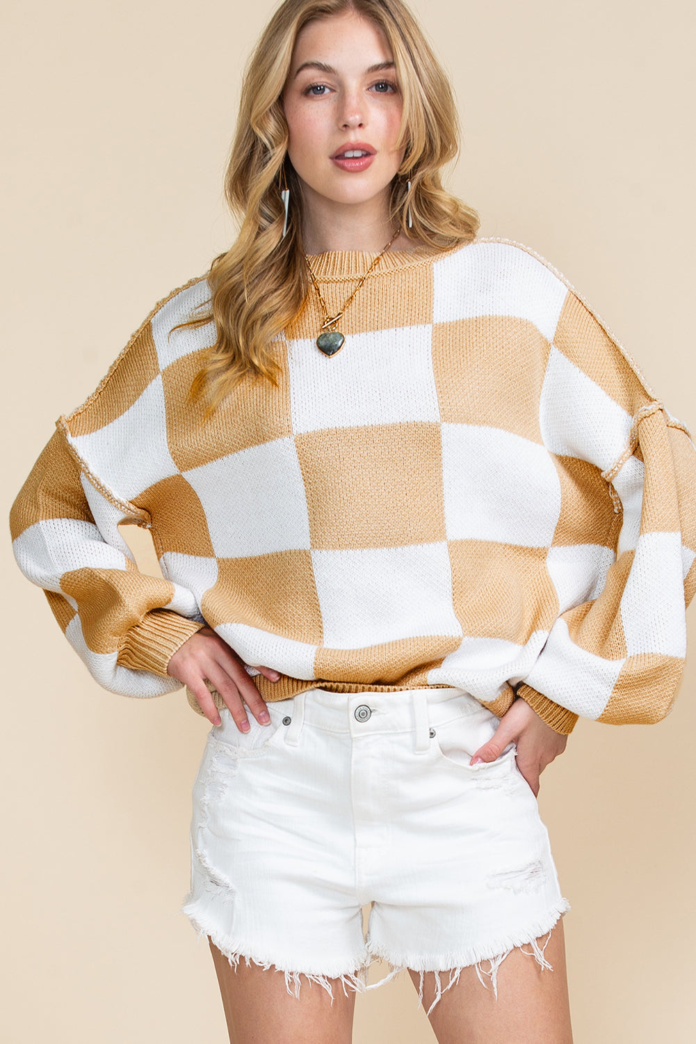 Khaki Plaid Bishop Sleeve Pullover Sweater - Greta Bean & Co.