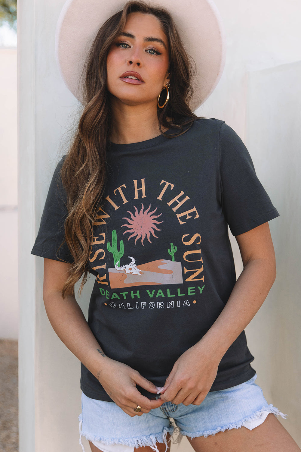 Dark Grey RISE WITH THE SUN Western Fashion Graphic Tee - Greta Bean & Co.