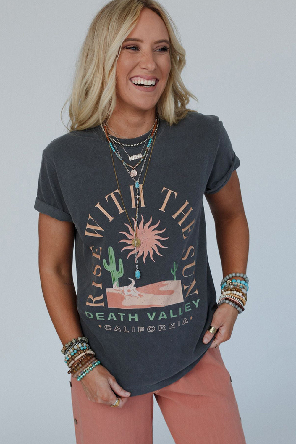 Dark Grey RISE WITH THE SUN Western Fashion Graphic Tee - Greta Bean & Co.